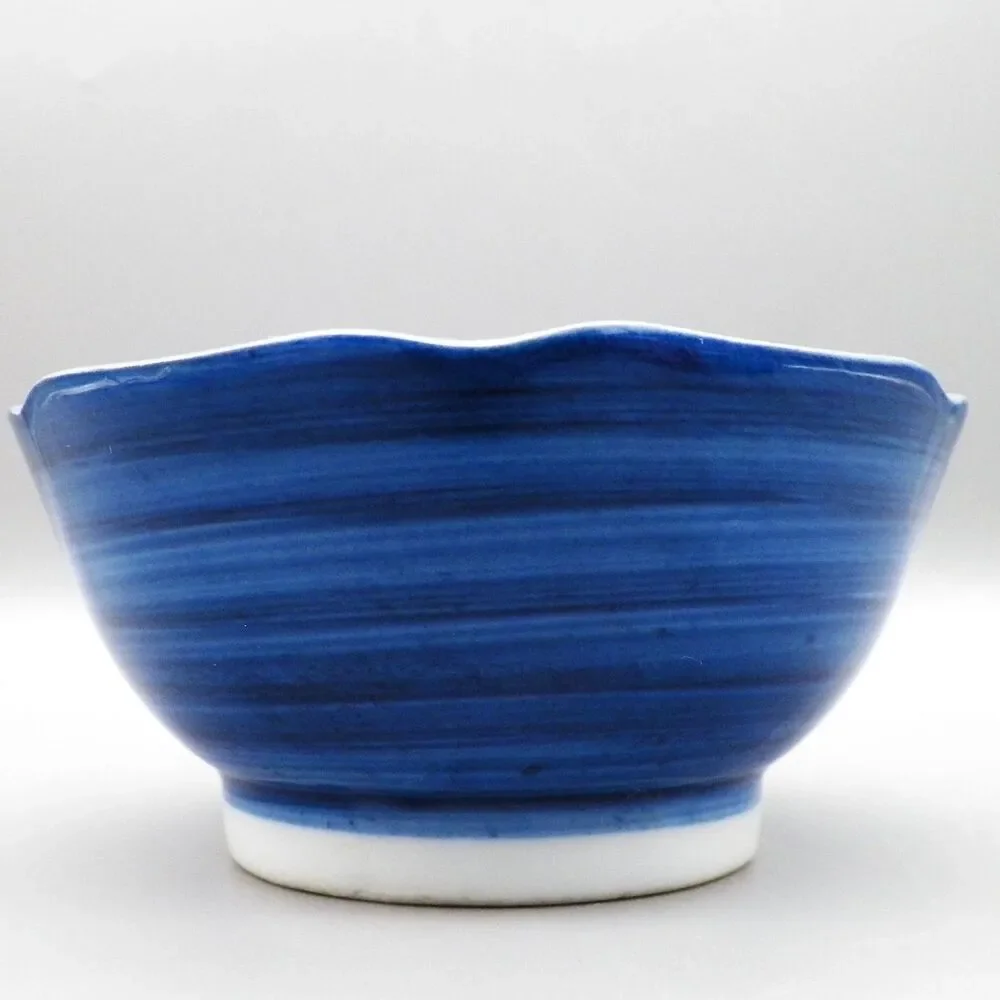 Japanese Ceramic Kobachi Rice Bowl Blue Brushstroke Design Scalloped Rim & Spoon